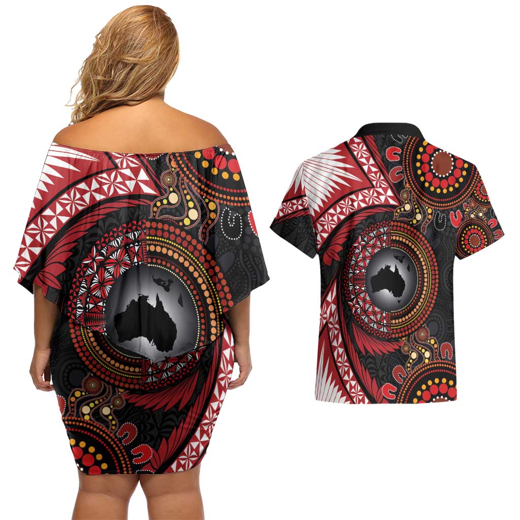 Tonga and Australia Together Couples Matching Off Shoulder Short Dress and Hawaiian Shirt Ngatu Art Tribal Aboriginal Tattoo Pattern