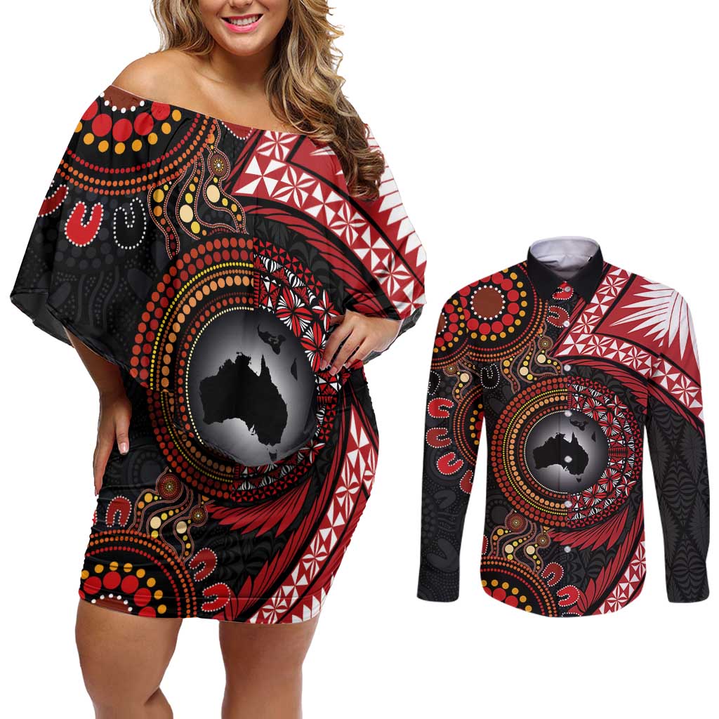 Tonga and Australia Together Couples Matching Off Shoulder Short Dress and Long Sleeve Button Shirt Ngatu Art Tribal Aboriginal Tattoo Pattern