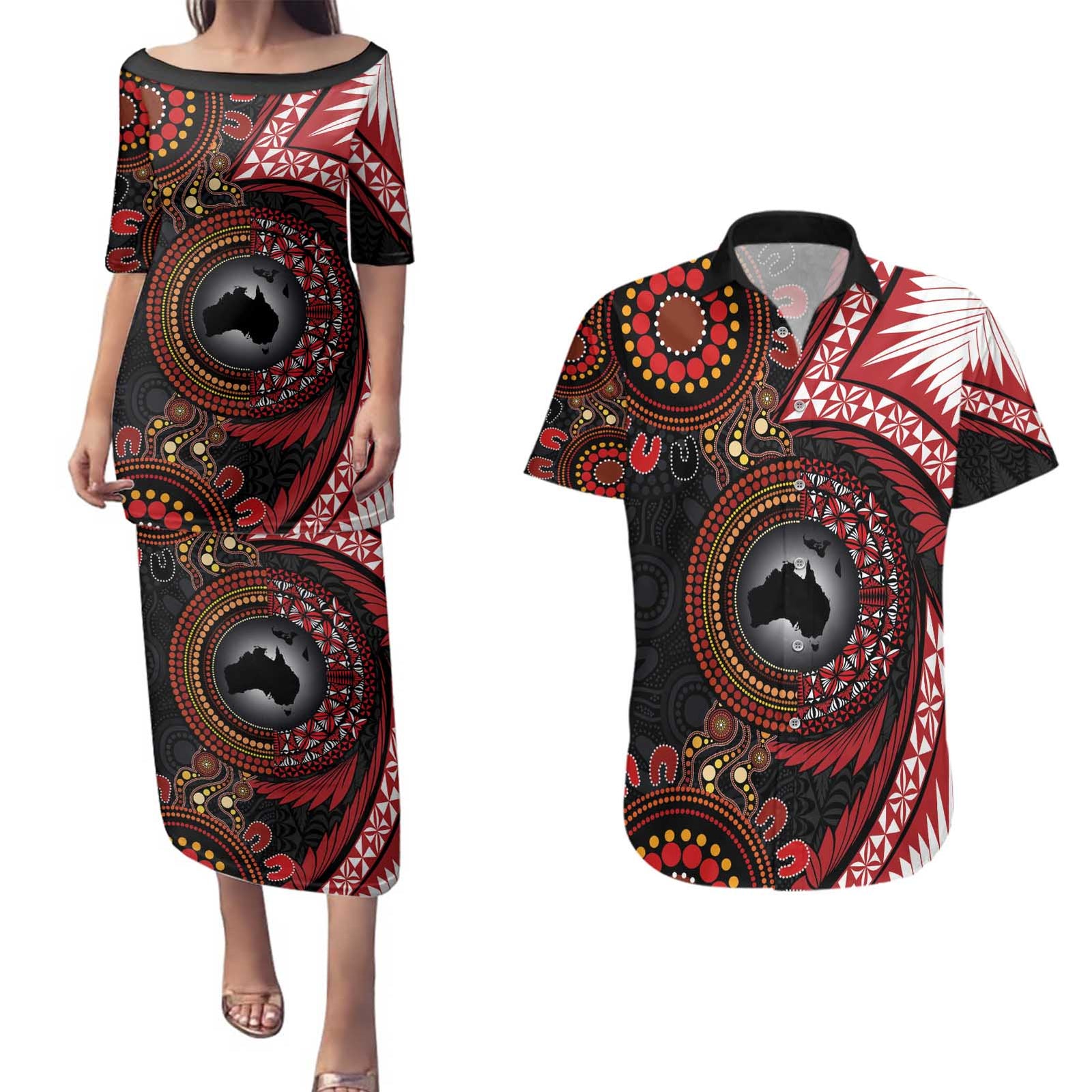 Tonga and Australia Together Couples Matching Puletasi and Hawaiian Shirt Ngatu Art Tribal Aboriginal Tattoo Pattern LT03 Black - Polynesian Pride