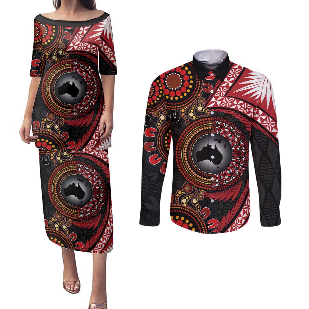 Tonga and Australia Together Couples Matching Puletasi and Long Sleeve Button Shirt Ngatu Art Tribal Aboriginal Tattoo Pattern LT03 Black - Polynesian Pride