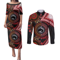 Tonga and Australia Together Couples Matching Puletasi and Long Sleeve Button Shirt Ngatu Art Tribal Aboriginal Tattoo Pattern LT03 Black - Polynesian Pride