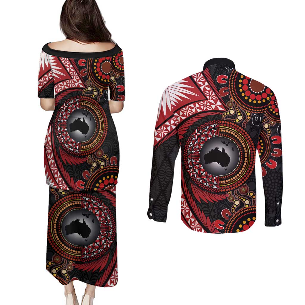 Tonga and Australia Together Couples Matching Puletasi and Long Sleeve Button Shirt Ngatu Art Tribal Aboriginal Tattoo Pattern LT03 - Polynesian Pride