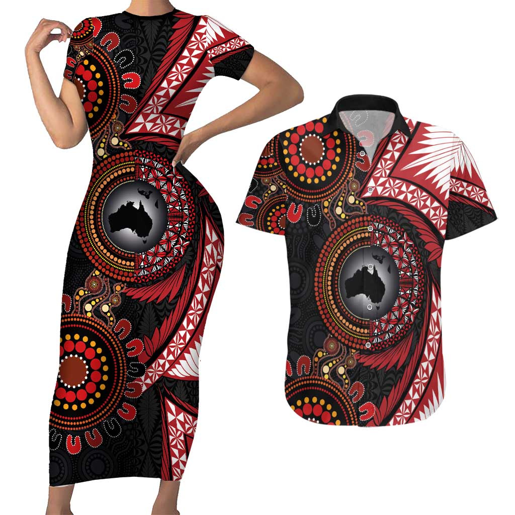 Tonga and Australia Together Couples Matching Short Sleeve Bodycon Dress and Hawaiian Shirt Ngatu Art Tribal Aboriginal Tattoo Pattern LT03 Black - Polynesian Pride