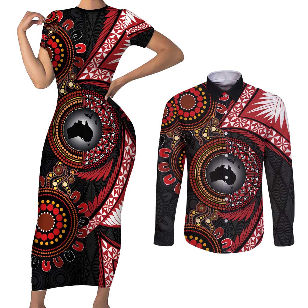 Tonga and Australia Together Couples Matching Short Sleeve Bodycon Dress and Long Sleeve Button Shirt Ngatu Art Tribal Aboriginal Tattoo Pattern LT03 Black - Polynesian Pride