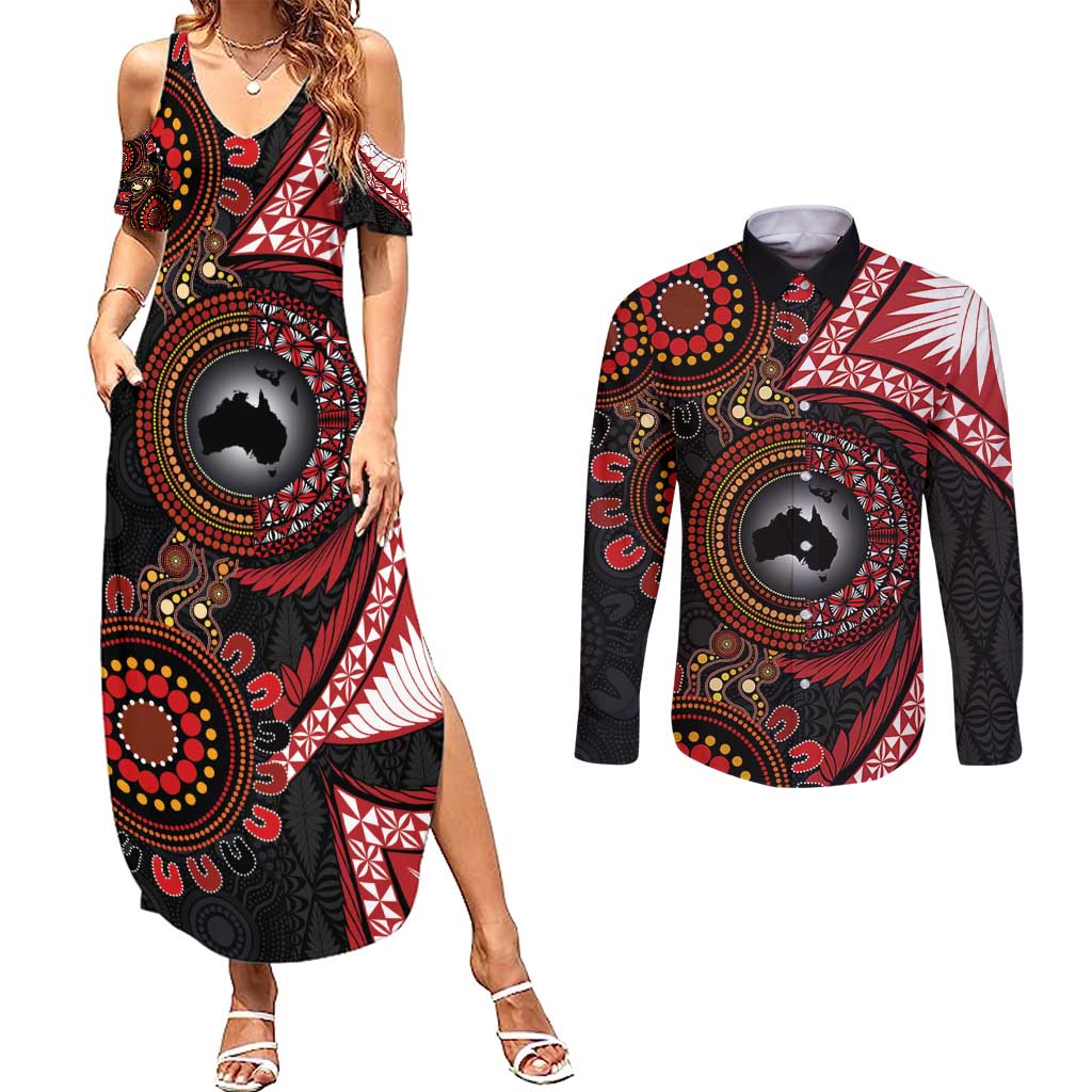 Tonga and Australia Together Couples Matching Summer Maxi Dress and Long Sleeve Button Shirt Ngatu Art Tribal Aboriginal Tattoo Pattern LT03 Black - Polynesian Pride
