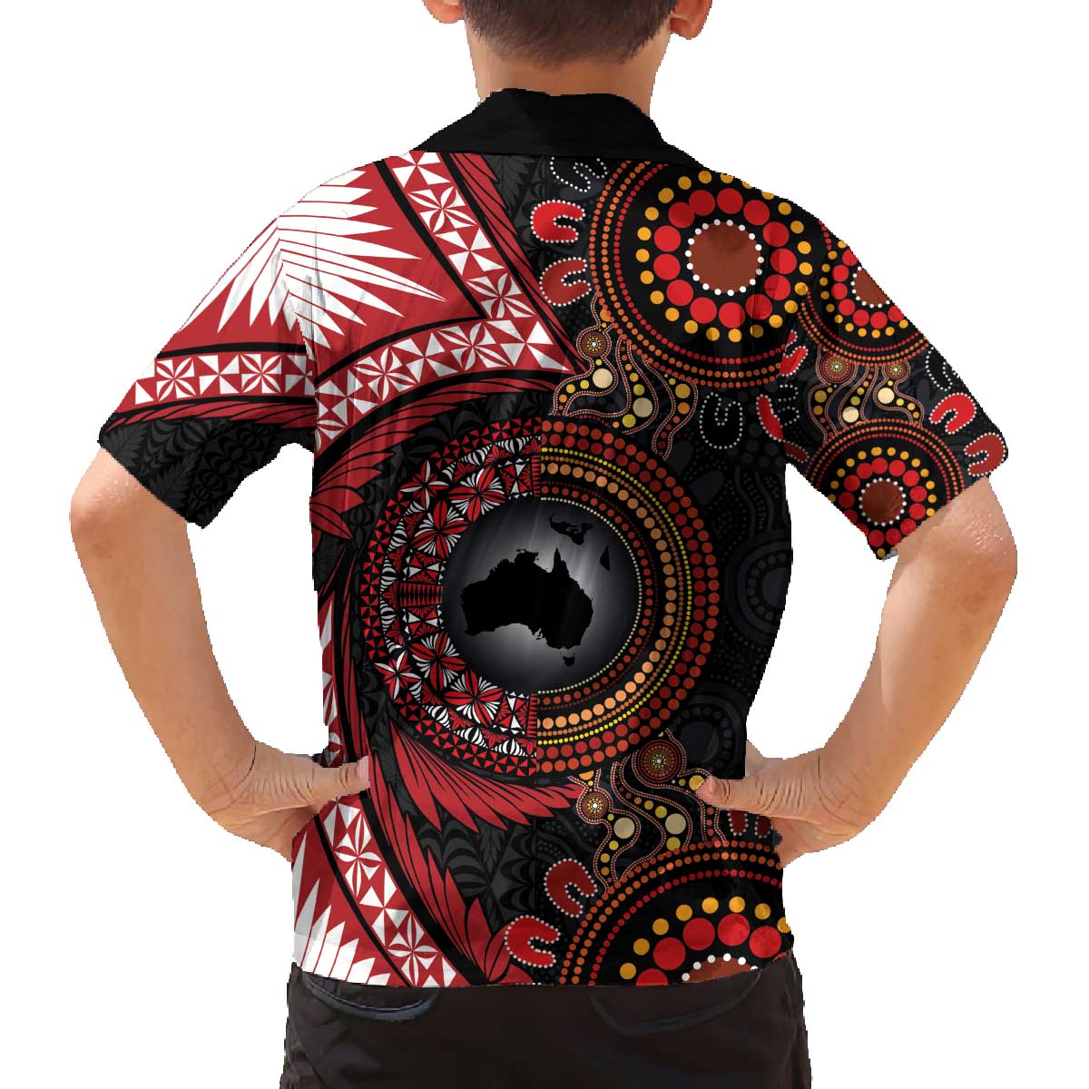 Tonga and Australia Together Family Matching Off The Shoulder Long Sleeve Dress and Hawaiian Shirt Ngatu Art Tribal Aboriginal Tattoo Pattern