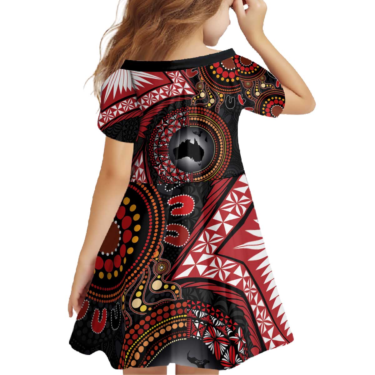 Tonga and Australia Together Family Matching Off The Shoulder Long Sleeve Dress and Hawaiian Shirt Ngatu Art Tribal Aboriginal Tattoo Pattern