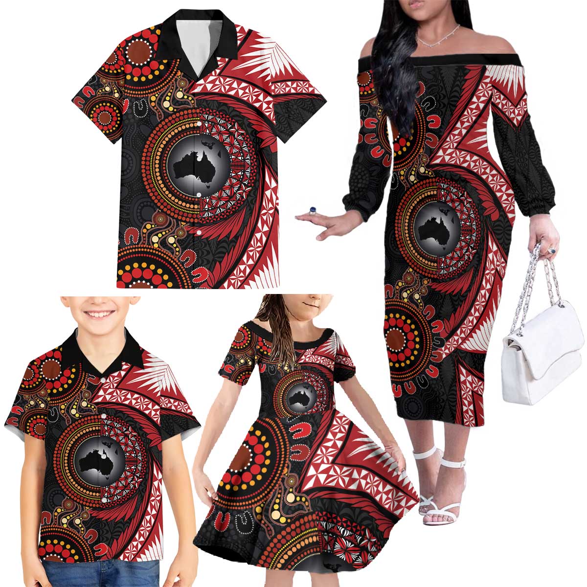 Tonga and Australia Together Family Matching Off The Shoulder Long Sleeve Dress and Hawaiian Shirt Ngatu Art Tribal Aboriginal Tattoo Pattern