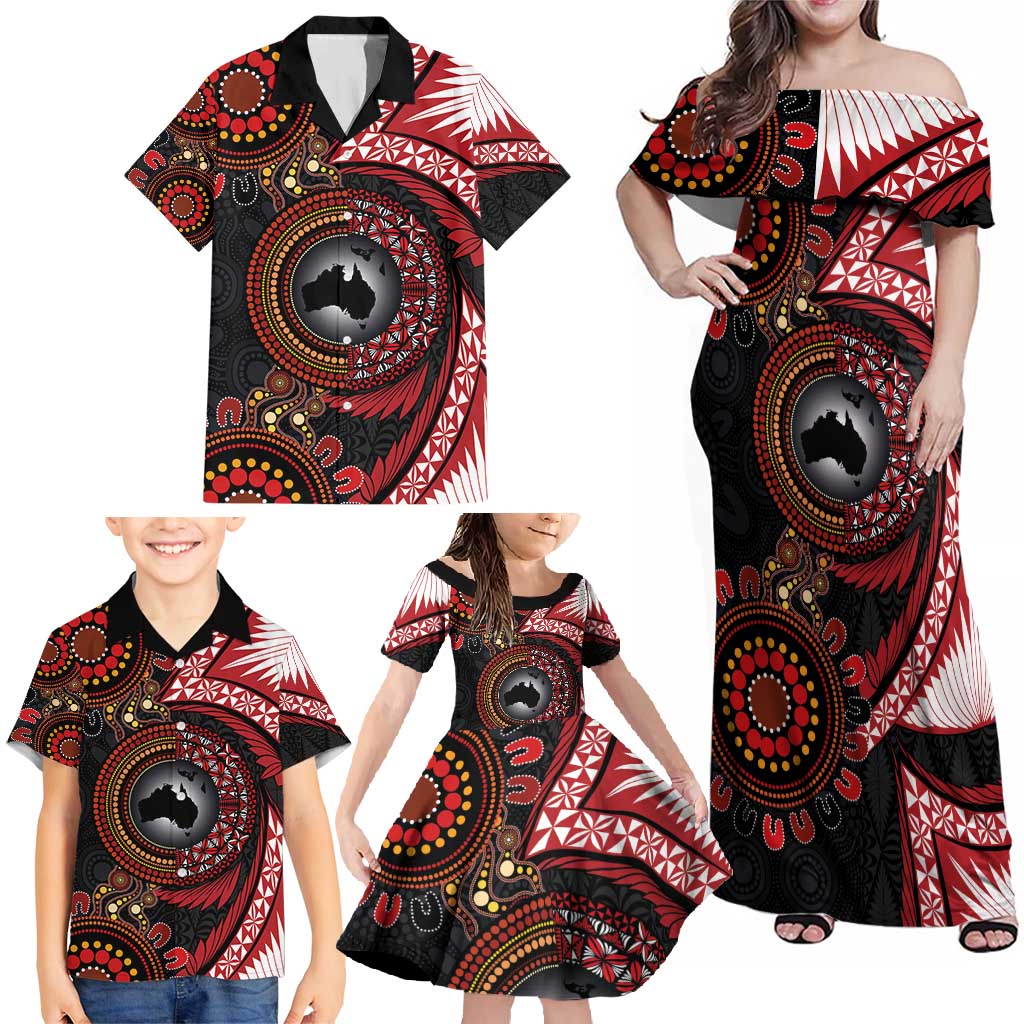 Tonga and Australia Together Family Matching Off Shoulder Maxi Dress and Hawaiian Shirt Ngatu Art Tribal Aboriginal Tattoo Pattern