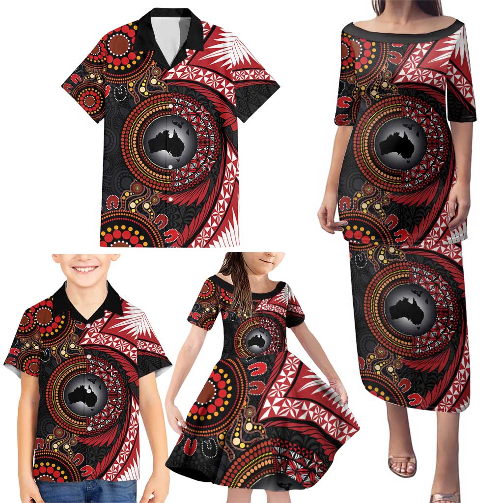 Tonga and Australia Together Family Matching Puletasi and Hawaiian Shirt Ngatu Art Tribal Aboriginal Tattoo Pattern