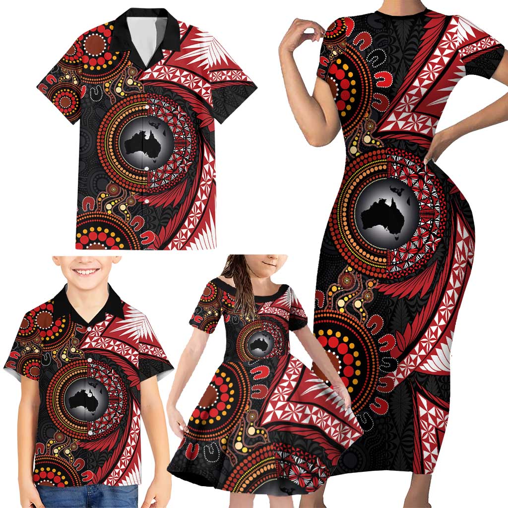 Tonga and Australia Together Family Matching Short Sleeve Bodycon Dress and Hawaiian Shirt Ngatu Art Tribal Aboriginal Tattoo Pattern