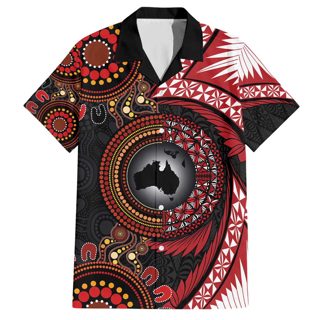 Tonga and Australia Together Hawaiian Shirt Ngatu Art Tribal Aboriginal Tattoo Pattern LT03 Black - Polynesian Pride