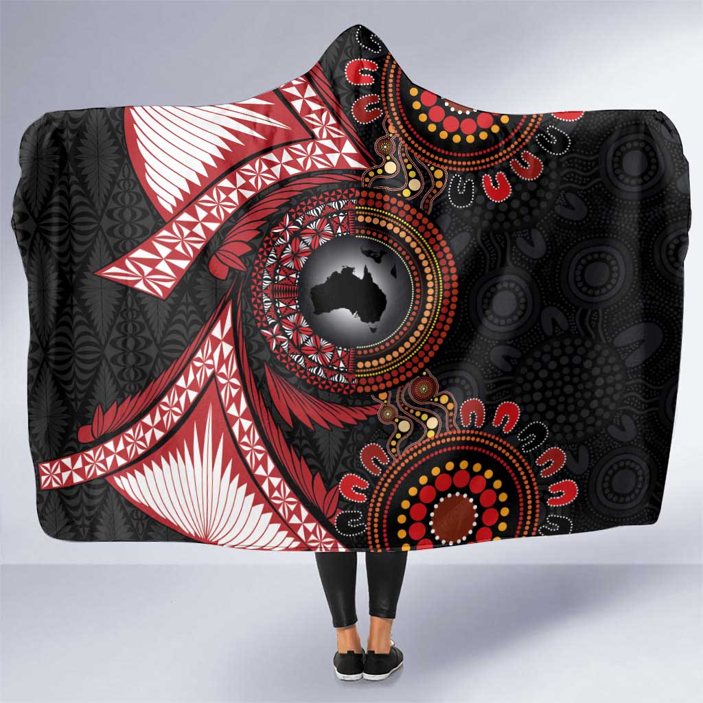 Tonga and Australia Together Hooded Blanket Ngatu Art Tribal Aboriginal Tattoo Pattern LT03 One Size Black - Polynesian Pride