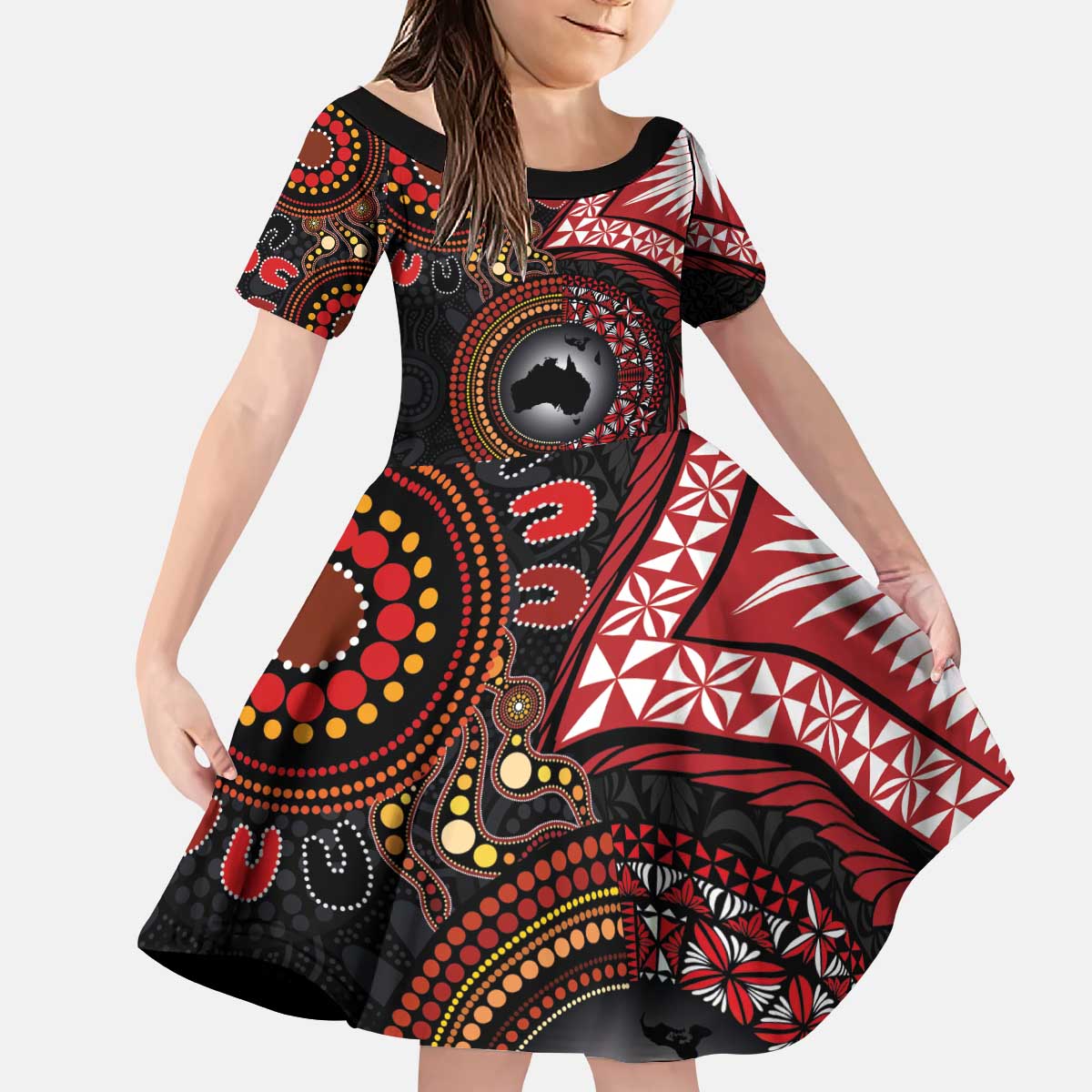 Tonga and Australia Together Kid Short Sleeve Dress Ngatu Art Tribal Aboriginal Tattoo Pattern
