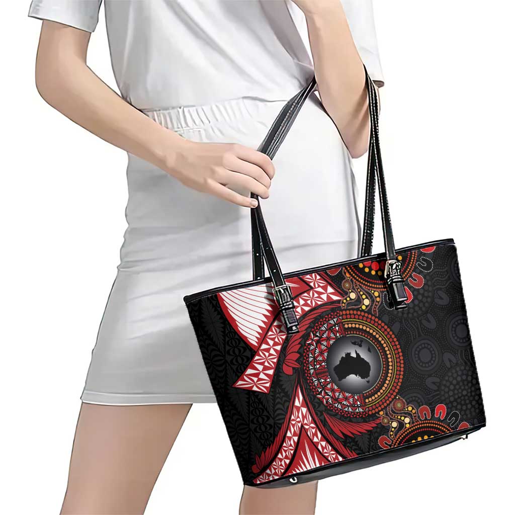 Tonga and Australia Together Leather Tote Bag Ngatu Art Tribal Aboriginal Tattoo Pattern
