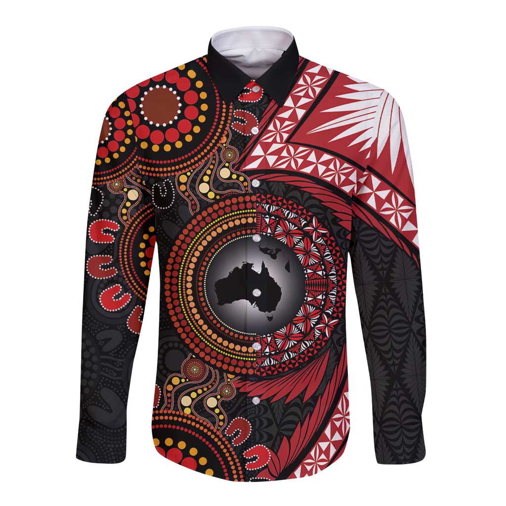 Tonga and Australia Together Long Sleeve Button Shirt Ngatu Art Tribal Aboriginal Tattoo Pattern LT03 Unisex Black - Polynesian Pride