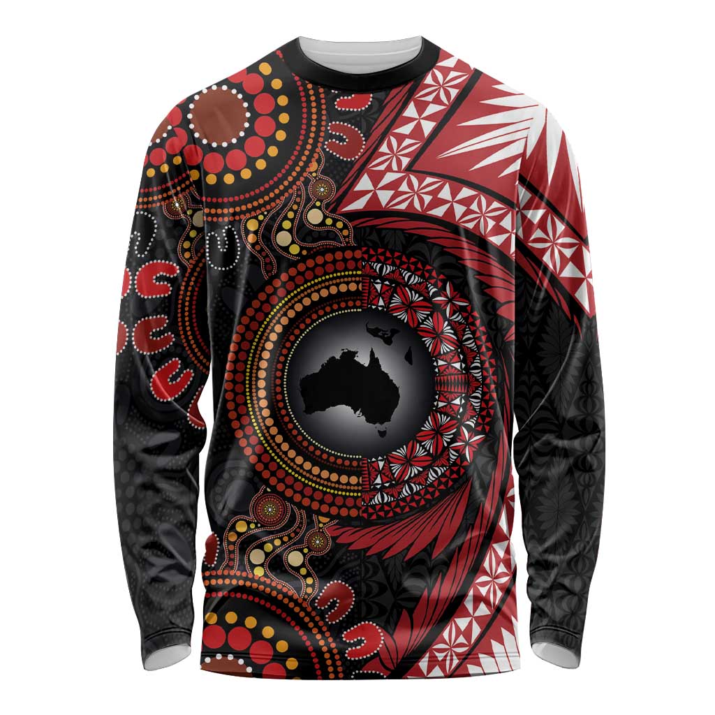 Tonga and Australia Together Long Sleeve Shirt Ngatu Art Tribal Aboriginal Tattoo Pattern LT03 Unisex Black - Polynesian Pride