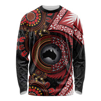 Tonga and Australia Together Long Sleeve Shirt Ngatu Art Tribal Aboriginal Tattoo Pattern LT03 Unisex Black - Polynesian Pride