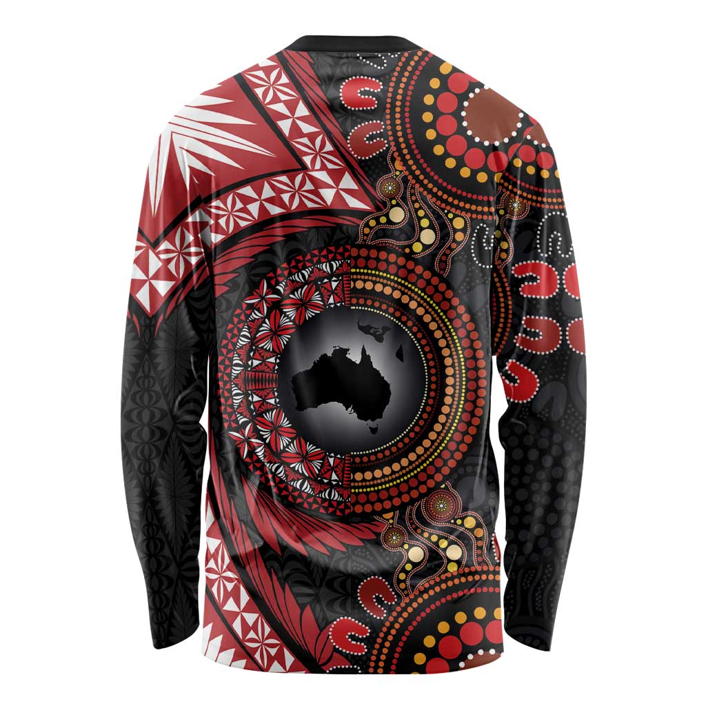 Tonga and Australia Together Long Sleeve Shirt Ngatu Art Tribal Aboriginal Tattoo Pattern LT03 - Polynesian Pride