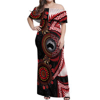 Tonga and Australia Together Off Shoulder Maxi Dress Ngatu Art Tribal Aboriginal Tattoo Pattern