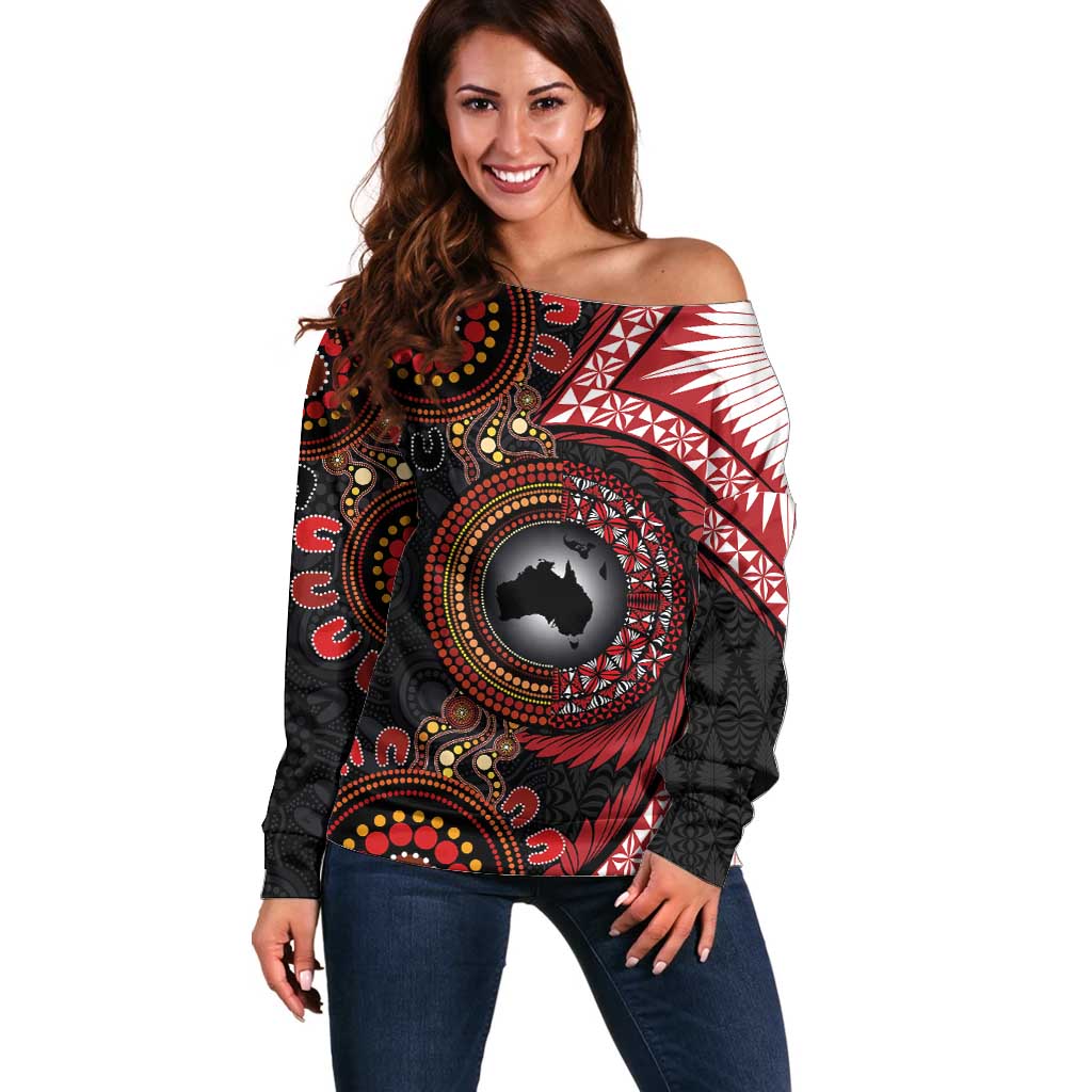 Tonga and Australia Together Off Shoulder Sweater Ngatu Art Tribal Aboriginal Tattoo Pattern