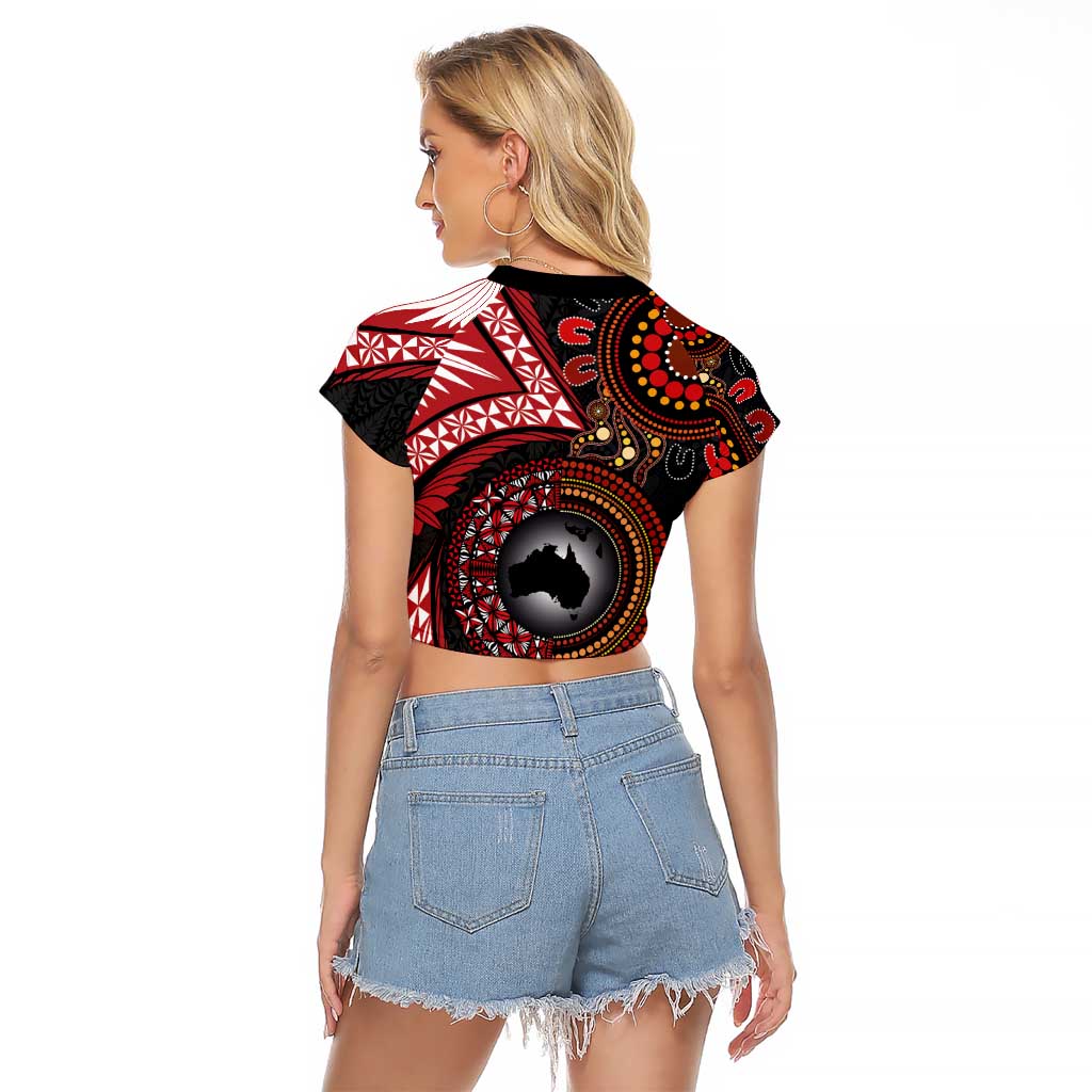 Tonga and Australia Together Raglan Cropped T Shirt Ngatu Art Tribal Aboriginal Tattoo Pattern LT03 - Polynesian Pride