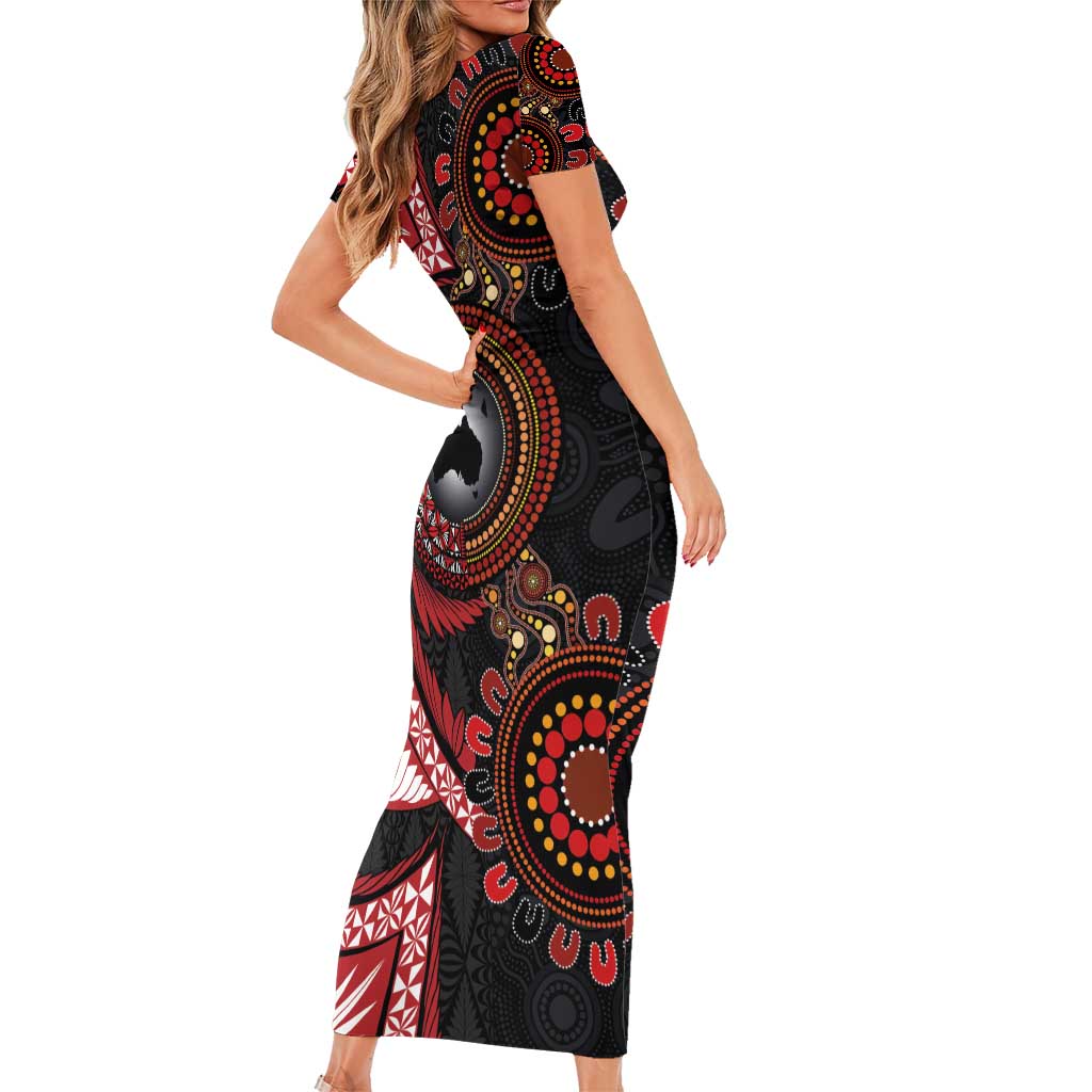 Tonga and Australia Together Short Sleeve Bodycon Dress Ngatu Art Tribal Aboriginal Tattoo Pattern