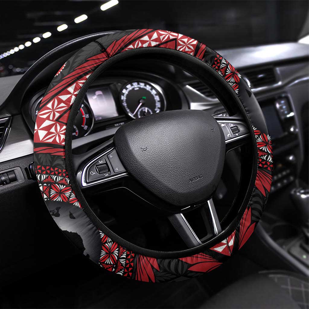Tonga and Australia Together Steering Wheel Cover Ngatu Art Tribal Aboriginal Tattoo Pattern LT03 Universal Fit Black - Polynesian Pride