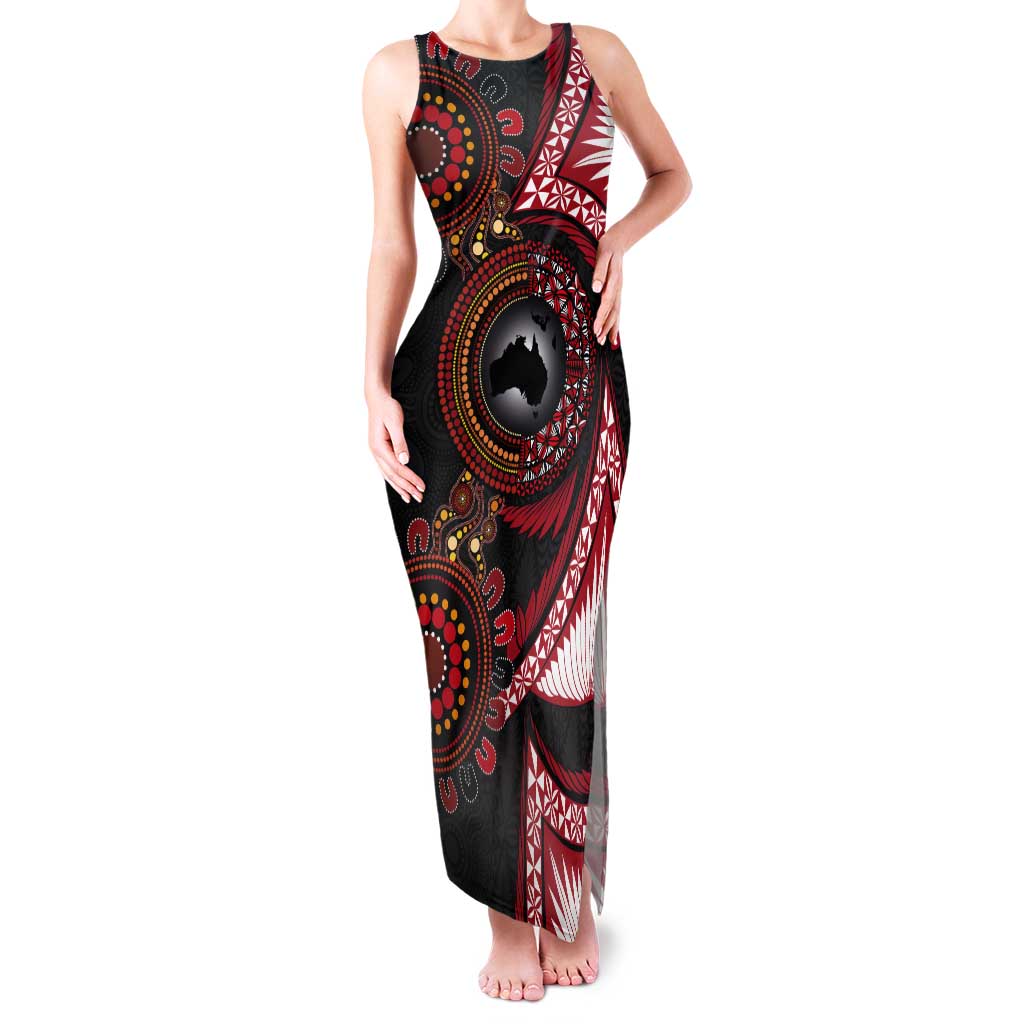 Tonga and Australia Together Tank Maxi Dress Ngatu Art Tribal Aboriginal Tattoo Pattern LT03 Women Black - Polynesian Pride