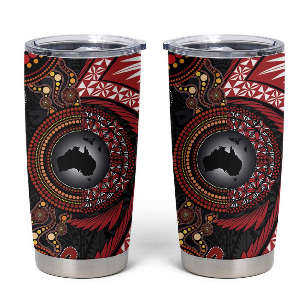 Tonga and Australia Together Tumbler Cup Ngatu Art Tribal-Aboriginal Tattoo Pattern LT03 Black - Polynesian Pride