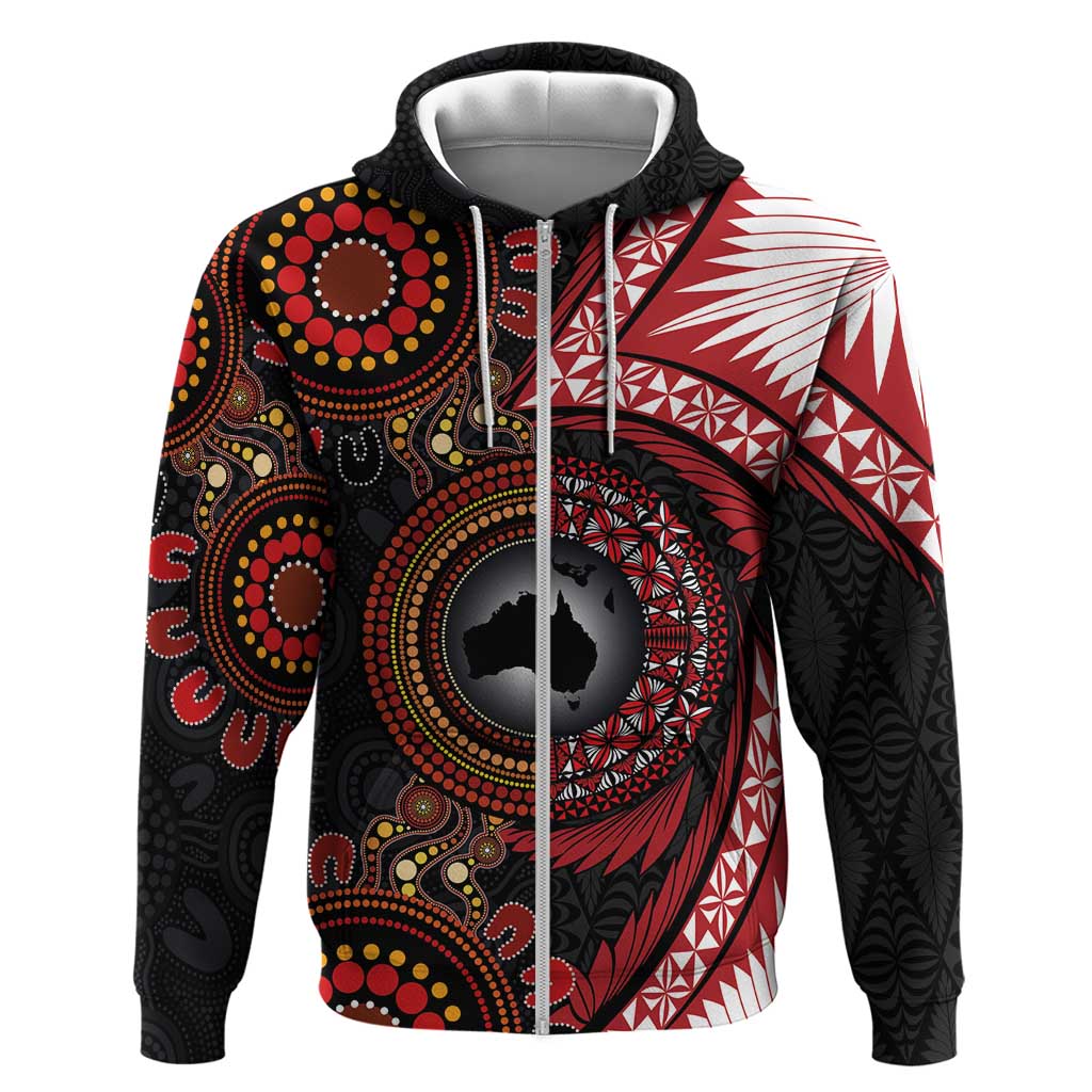 Tonga and Australia Together Zip Hoodie Ngatu Art Tribal Aboriginal Tattoo Pattern