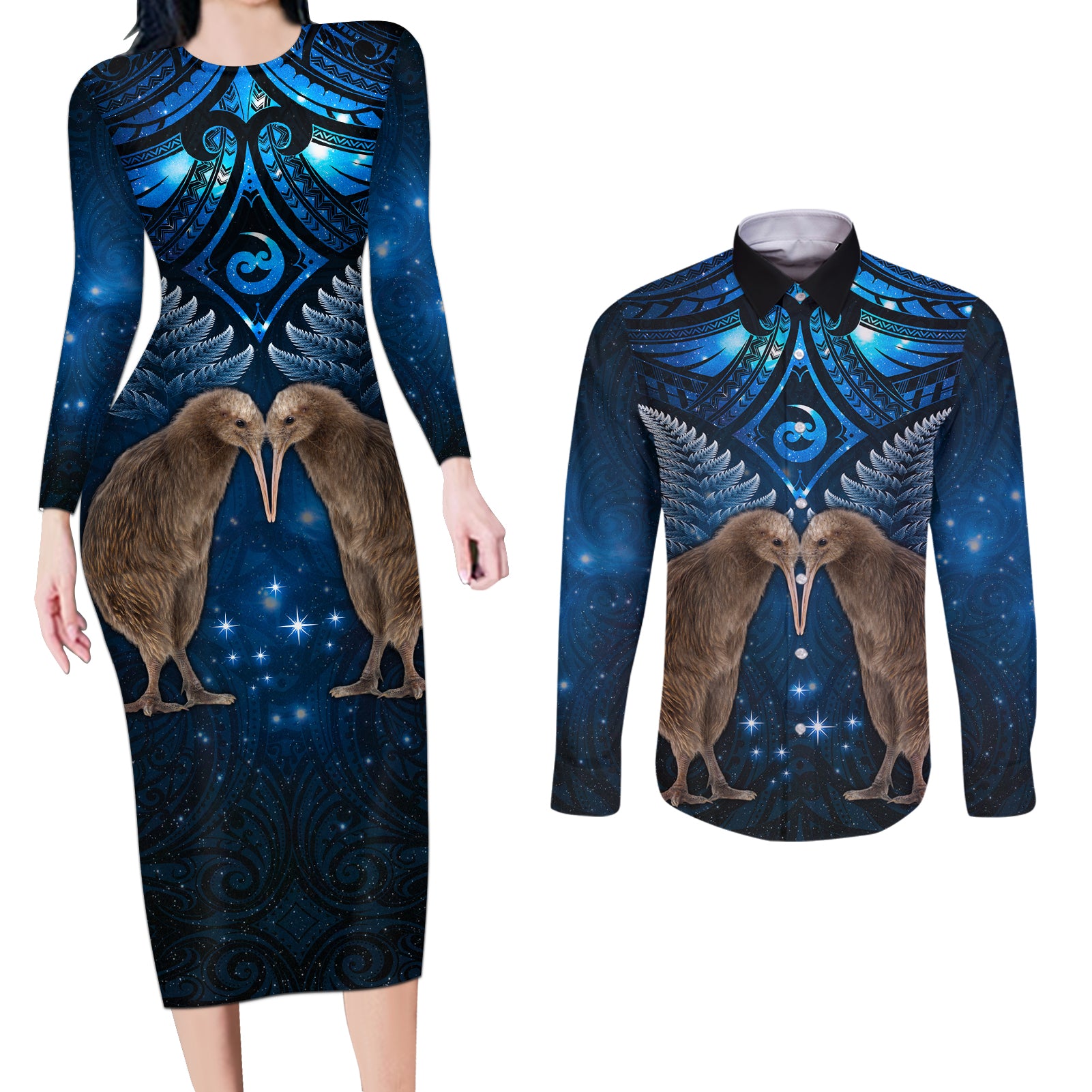 New Zealand Maori Matariki Couples Matching Long Sleeve Bodycon Dress and Long Sleeve Button Shirt Hongi Kiwi Bird and Silver Fern LT03