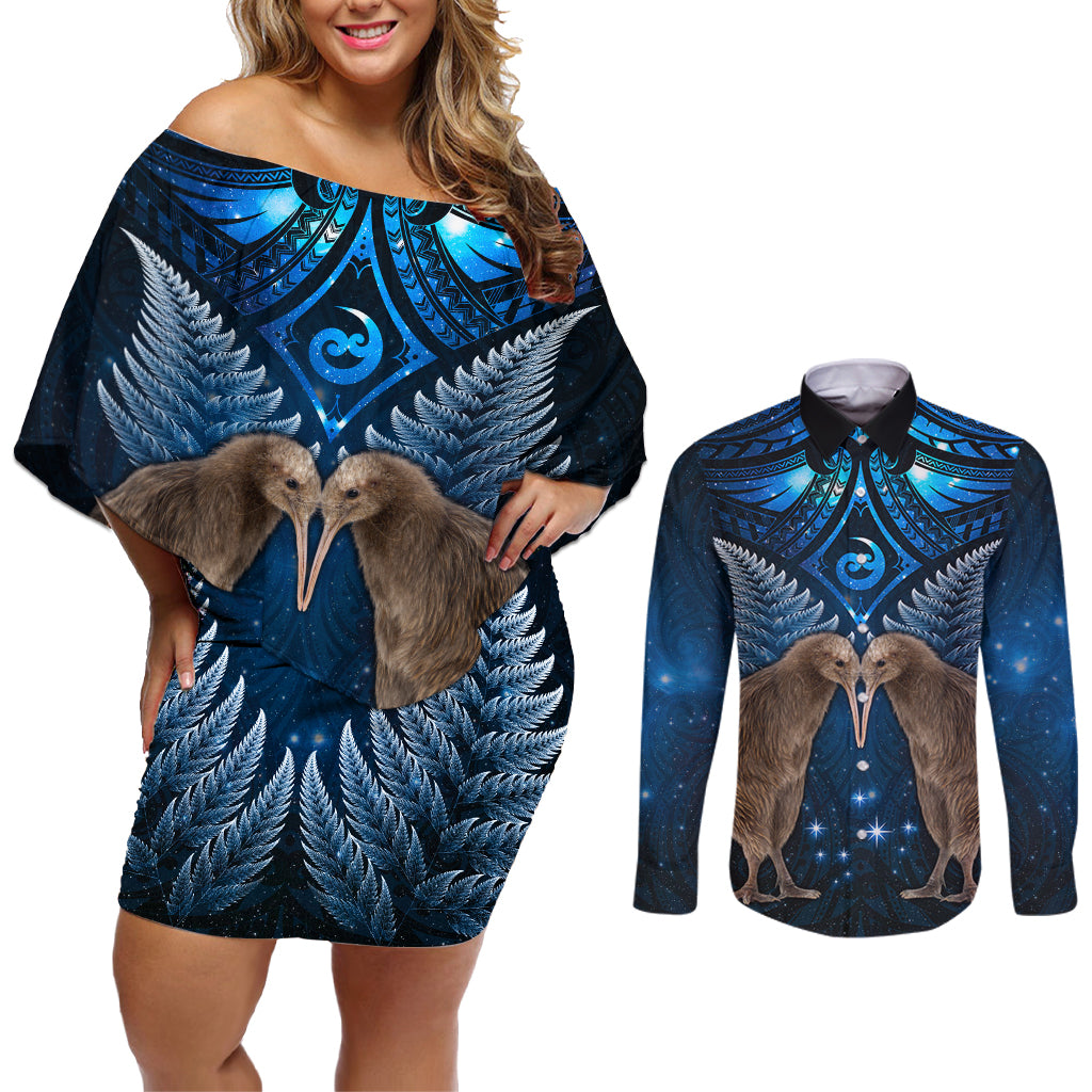 New Zealand Maori Matariki Couples Matching Off Shoulder Short Dress and Long Sleeve Button Shirt Hongi Kiwi Bird and Silver Fern LT03