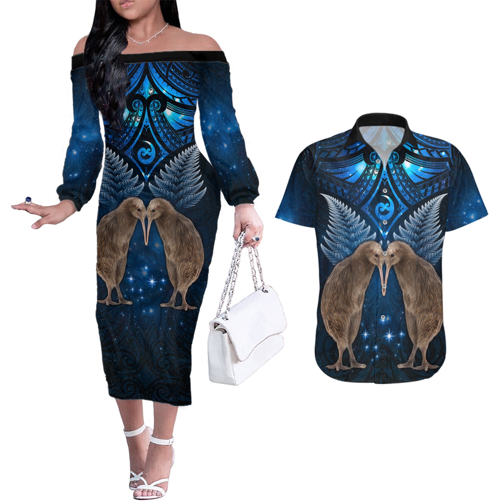 New Zealand Maori Matariki Couples Matching Off The Shoulder Long Sleeve Dress and Hawaiian Shirt Hongi Kiwi Bird and Silver Fern LT03