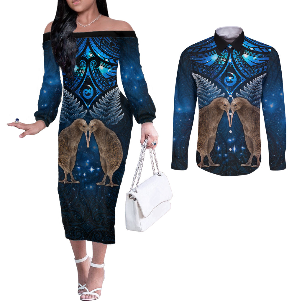 New Zealand Maori Matariki Couples Matching Off The Shoulder Long Sleeve Dress and Long Sleeve Button Shirt Hongi Kiwi Bird and Silver Fern LT03