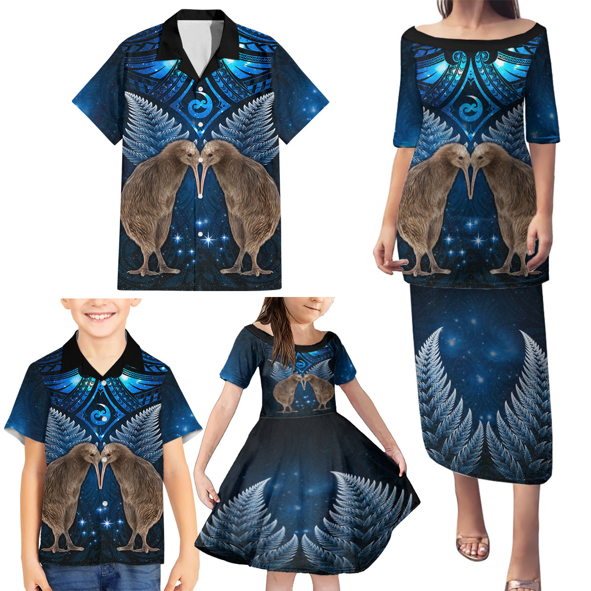 New Zealand Maori Matariki Family Matching Puletasi and Hawaiian Shirt Hongi Kiwi Bird and Silver Fern LT03