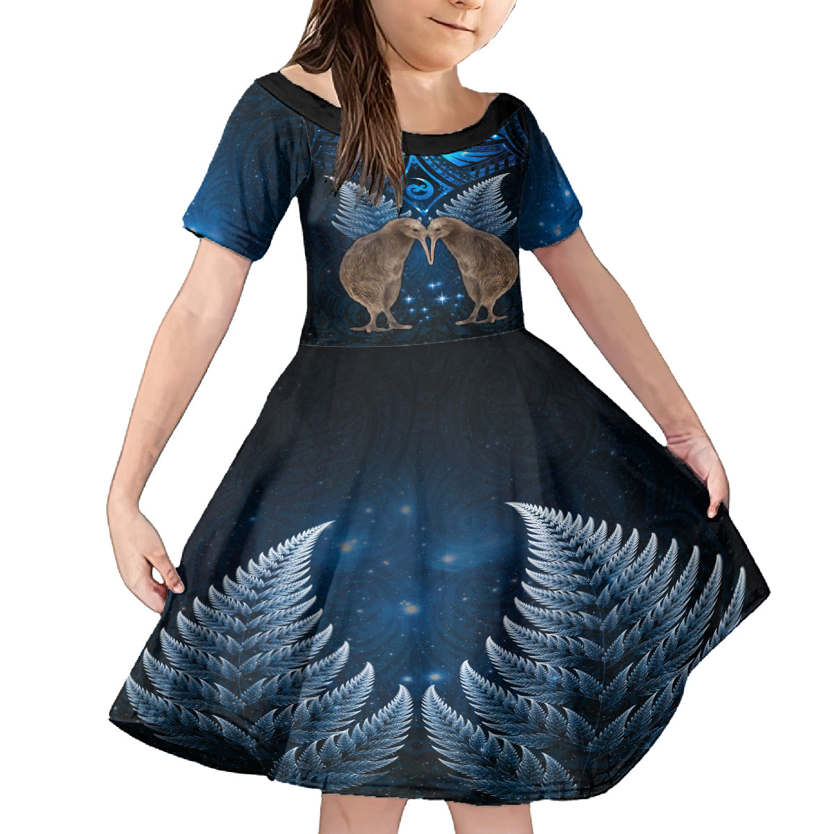 New Zealand Maori Matariki Kid Short Sleeve Dress Hongi Kiwi Bird and Silver Fern LT03