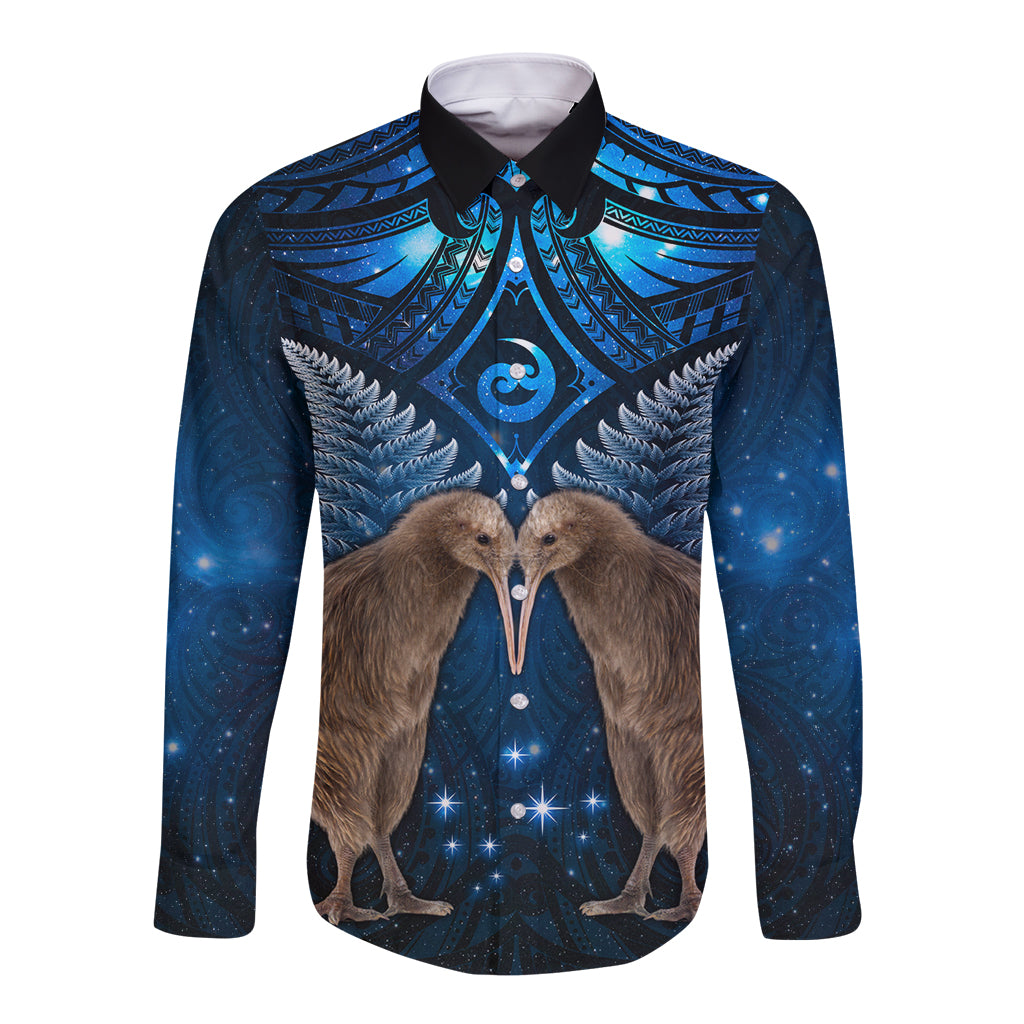 New Zealand Maori Matariki Long Sleeve Button Shirt Hongi Kiwi Bird and Silver Fern LT03