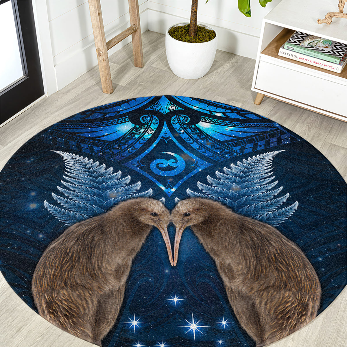 New Zealand Maori Matariki Round Carpet Hongi Kiwi Bird and Silver Fern LT03