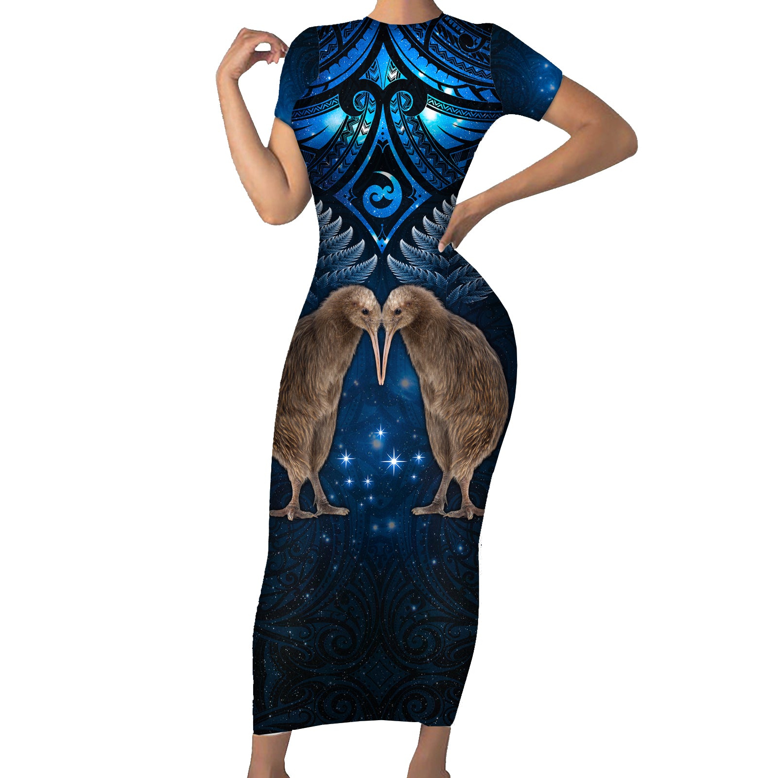 New Zealand Maori Matariki Short Sleeve Bodycon Dress Hongi Kiwi Bird and Silver Fern LT03