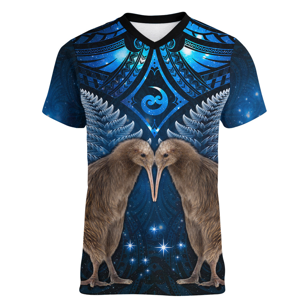 New Zealand Maori Matariki Women V Neck T Shirt Hongi Kiwi Bird and Silver Fern LT03