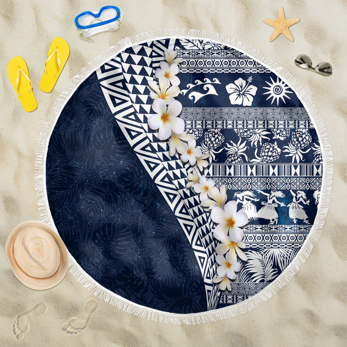 Hawaii Plumeria Tribal Vintage Beach Blanket Special Blue LT03 One Size 150cm Blue - Polynesian Pride