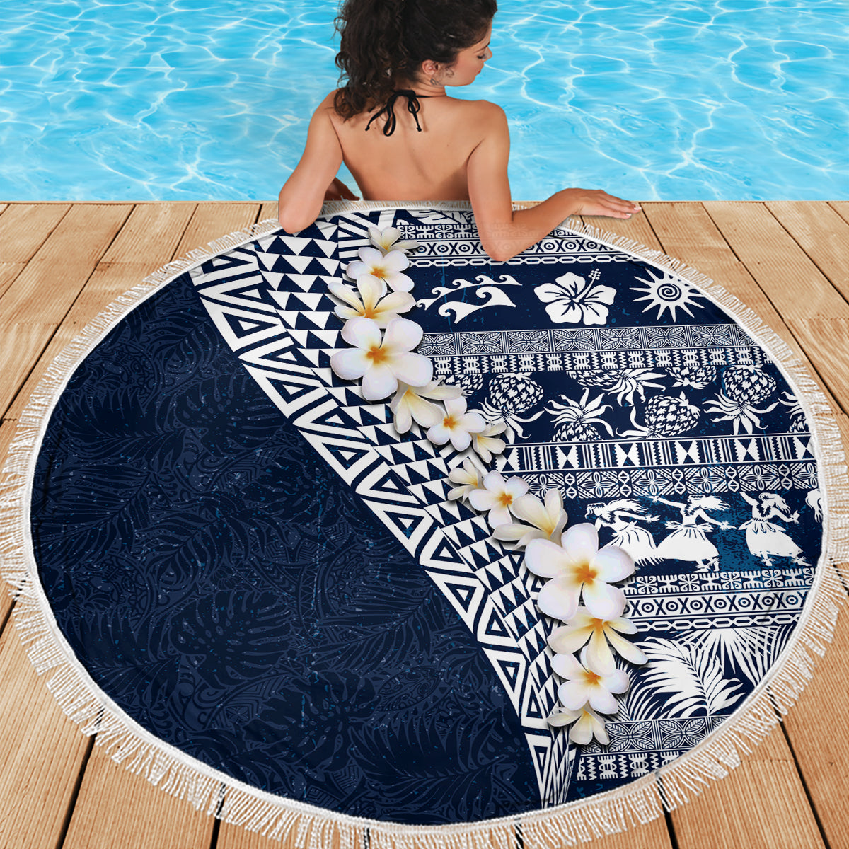 Hawaii Plumeria Tribal Vintage Beach Blanket Special Blue LT03 - Polynesian Pride