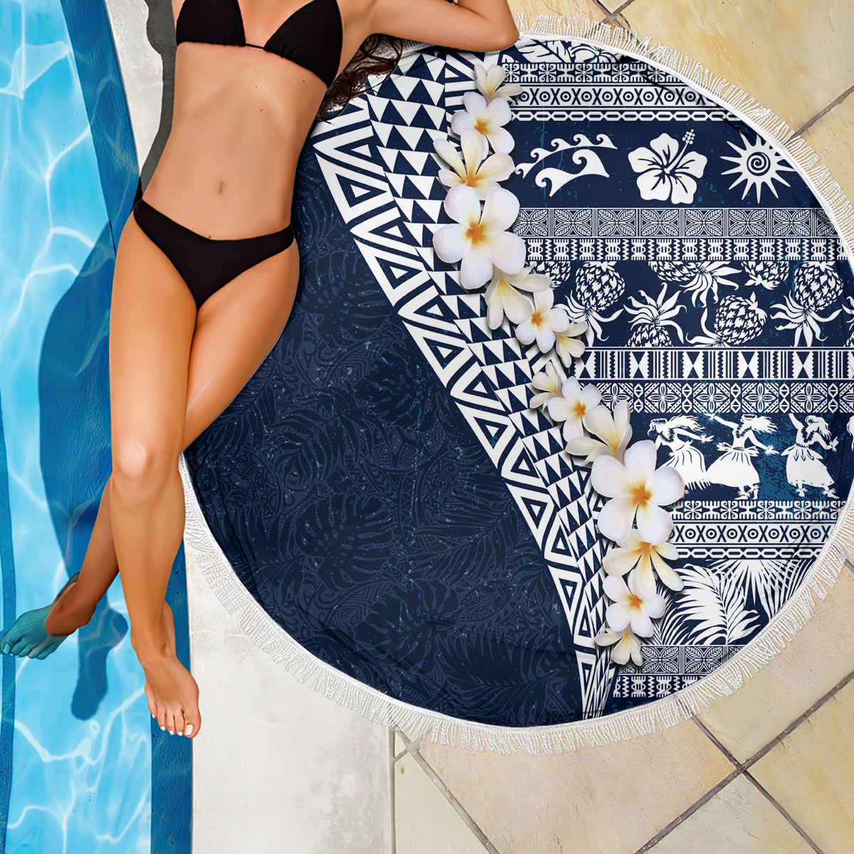 Hawaii Plumeria Tribal Vintage Beach Blanket Special Blue LT03 - Polynesian Pride
