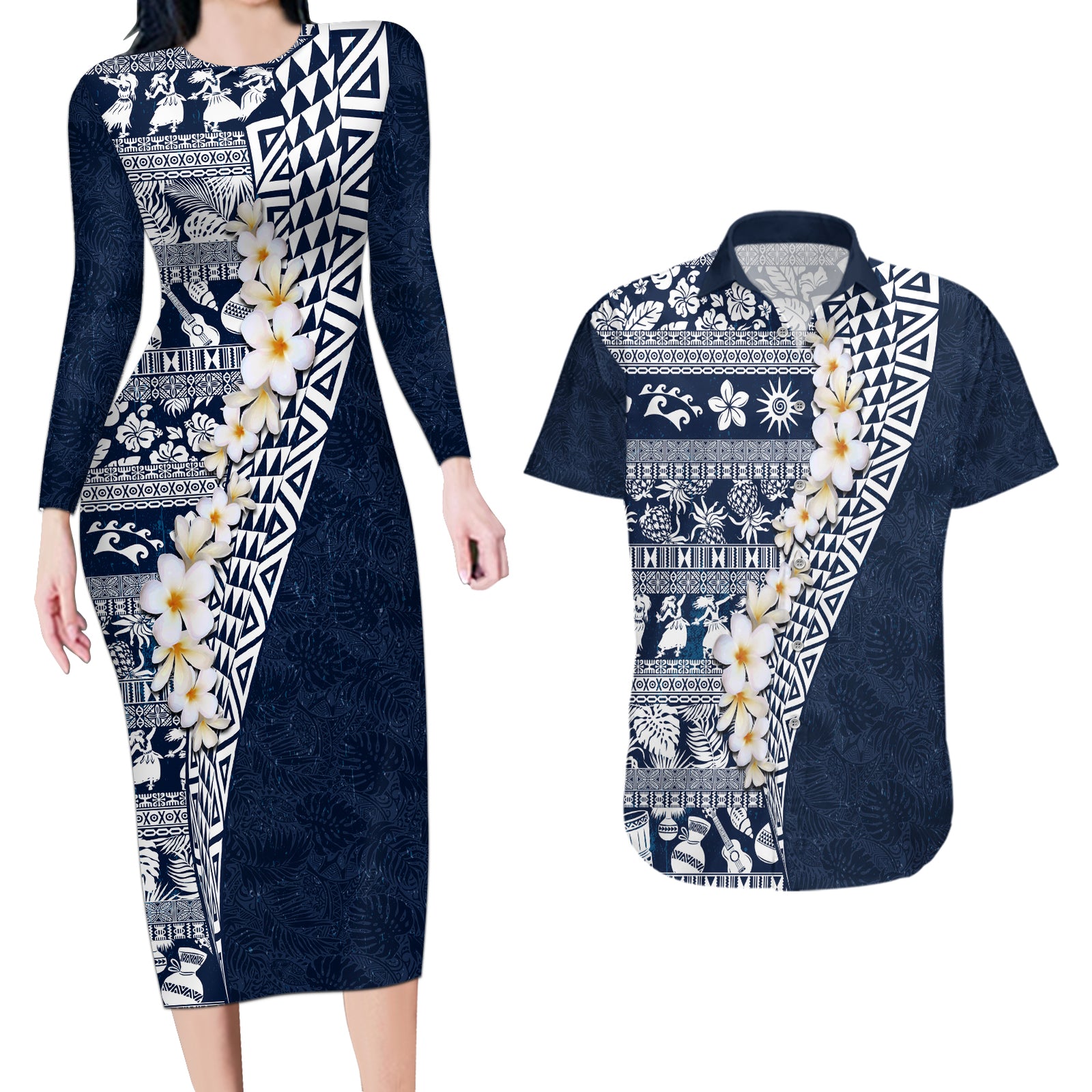 Hawaii Plumeria Tribal Vintage Couples Matching Long Sleeve Bodycon Dress and Hawaiian Shirt Special Blue LT03 Blue - Polynesian Pride