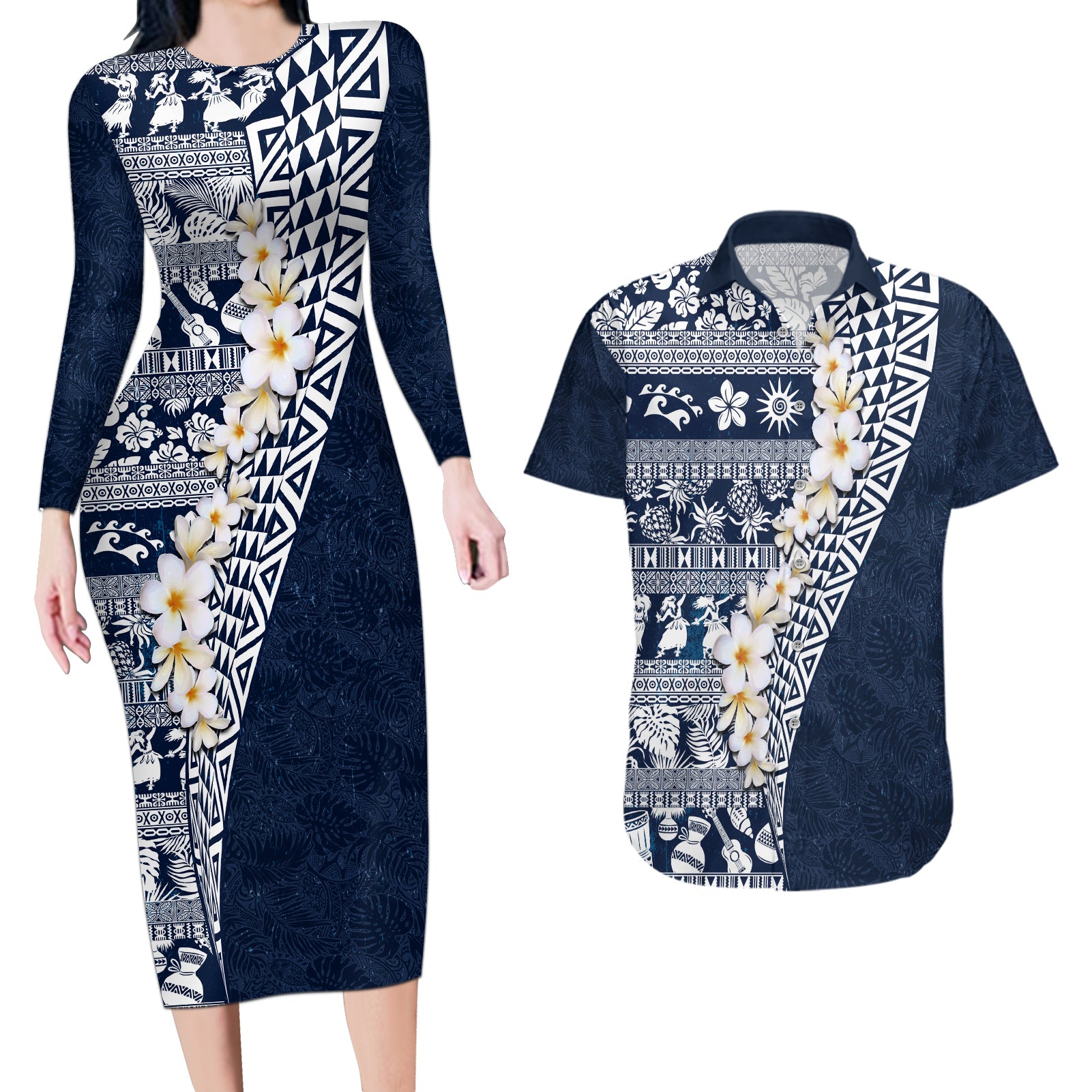 Hawaii Plumeria Tribal Vintage Couples Matching Long Sleeve Bodycon Dress and Hawaiian Shirt Special Blue