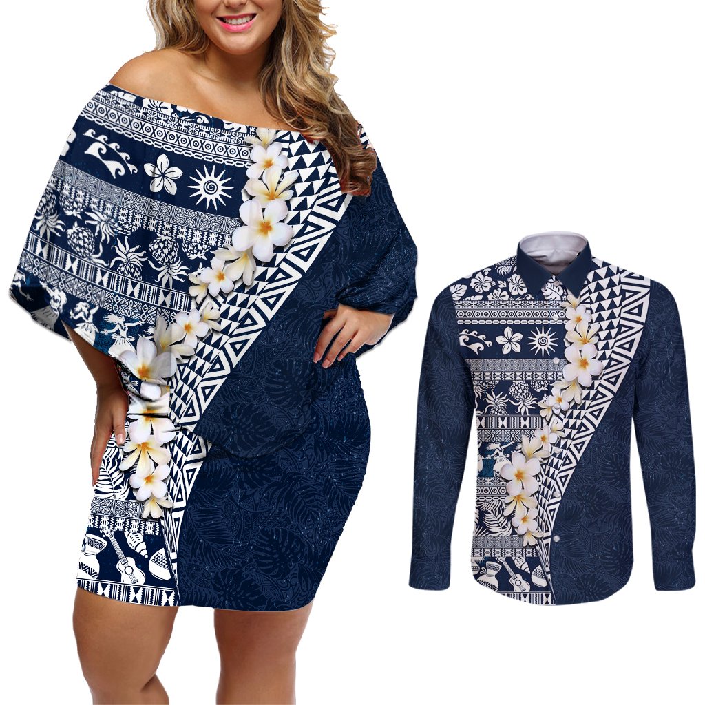 Hawaii Plumeria Tribal Vintage Couples Matching Off Shoulder Short Dress and Long Sleeve Button Shirt Special Blue LT03 Blue - Polynesian Pride