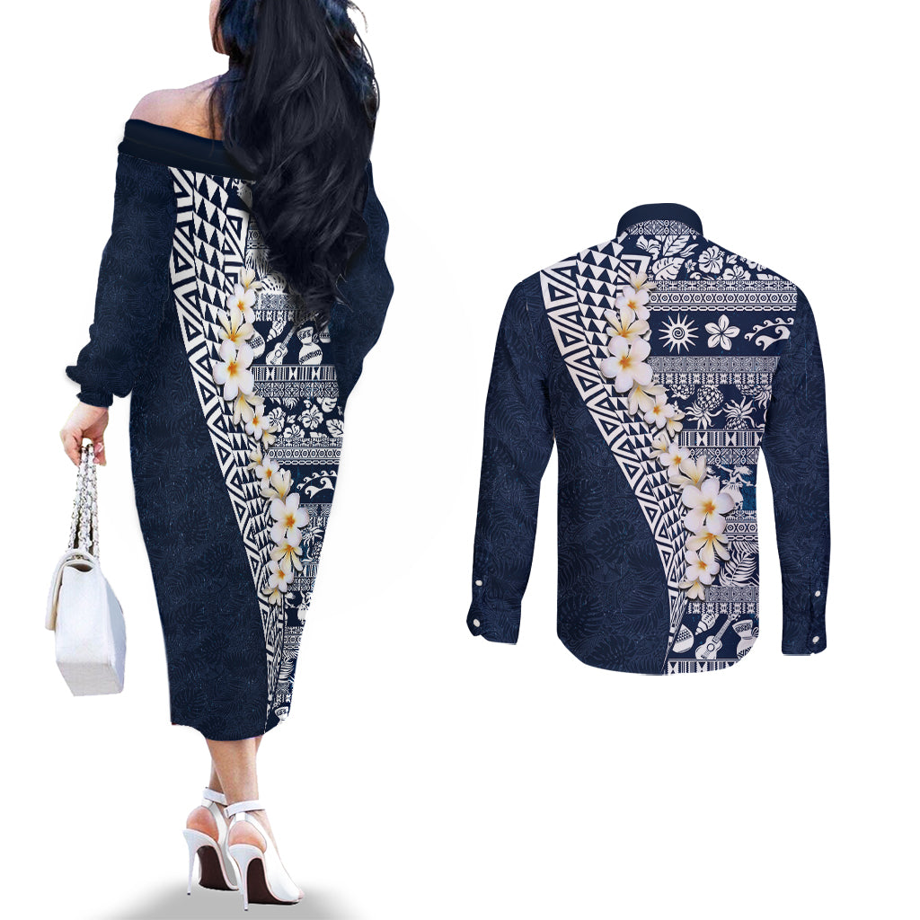 Hawaii Plumeria Tribal Vintage Couples Matching Off The Shoulder Long Sleeve Dress and Long Sleeve Button Shirt Special Blue