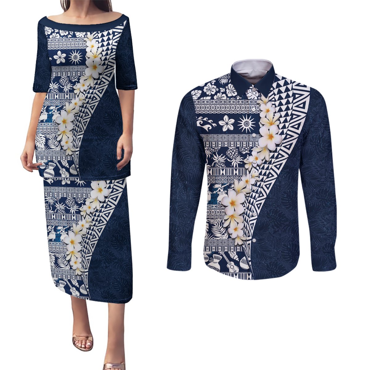 Hawaii Plumeria Tribal Vintage Couples Matching Puletasi and Long Sleeve Button Shirt Special Blue LT03 Blue - Polynesian Pride