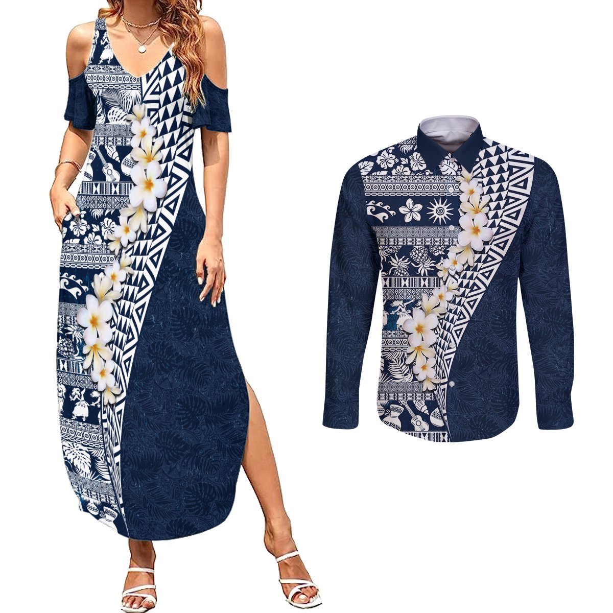Hawaii Plumeria Tribal Vintage Couples Matching Summer Maxi Dress and Long Sleeve Button Shirt Special Blue LT03 Blue - Polynesian Pride